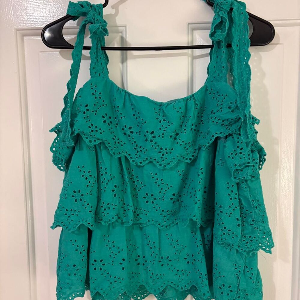 feminine BohoBlu Women's Tiered Eyelet Ruffle Tank Green summer festival - Picture 6 of 6